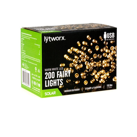Lytworx Warm White Solar / USB Fairy Lights - 200 Pack